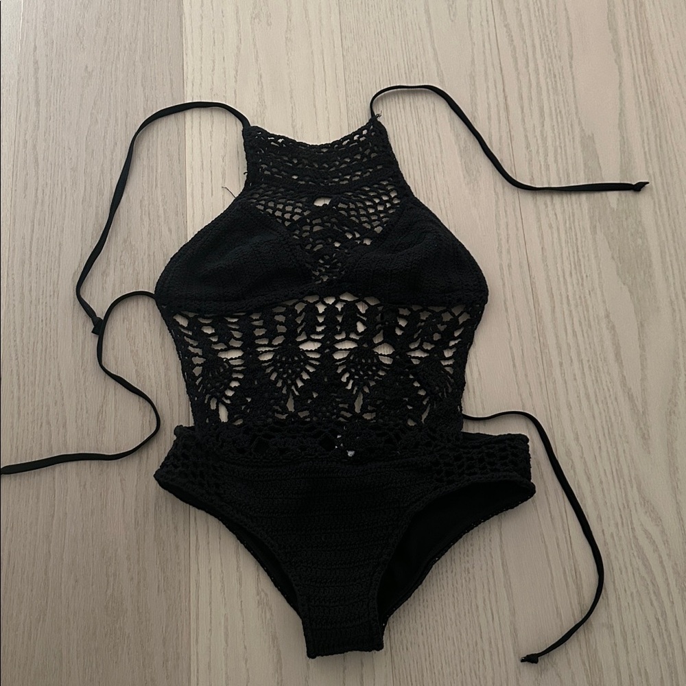 Black Crochet One-Piece Swimsuit